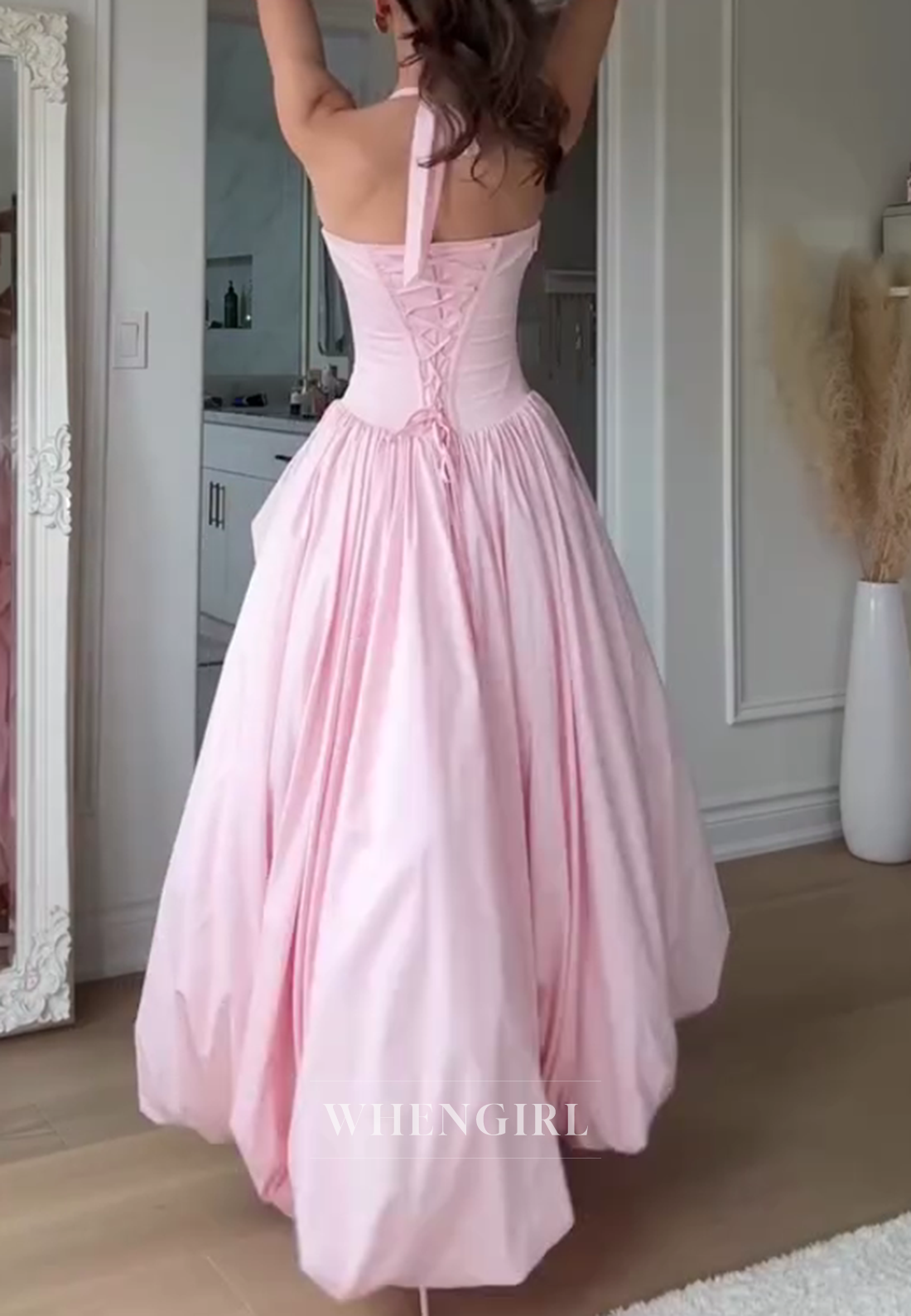 Pink Halter Side Slit Bubble Hem A-Line Prom Dress