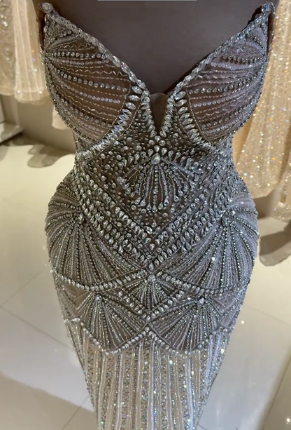 Art Deco Beaded Spaghetti Strap Evening Gown