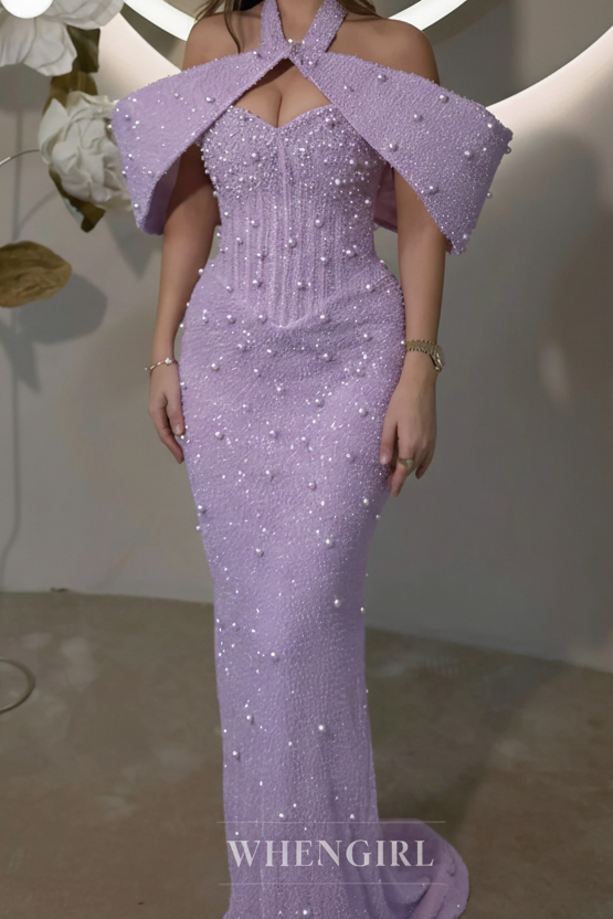 Candy Pink Asymmetrical Neck Pearls Beaded Sheath Formal Prom Dress