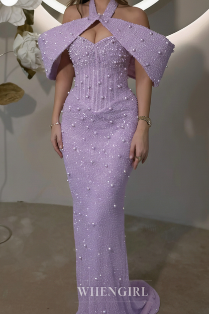 Candy Pink Asymmetrical Neck Pearls Beaded Sheath Formal Prom Dress