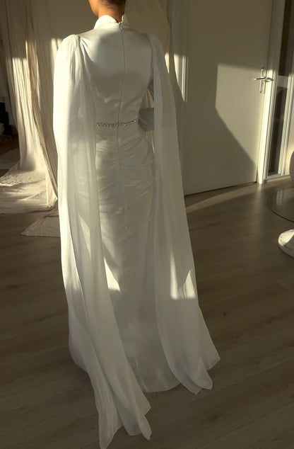 Sheath High Neck Long Sleeves Beaded Ruched Wedding Dress