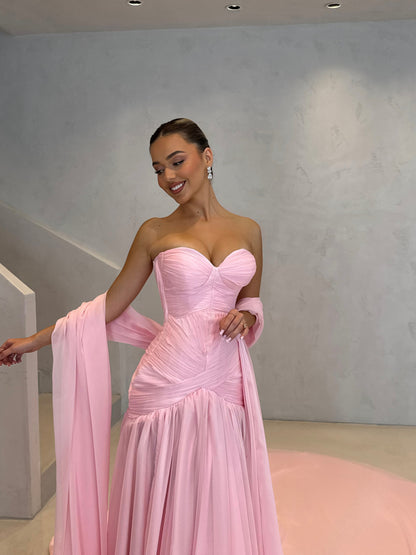 Pink Draped Sweetheart Ruched Evening Dress With Cape