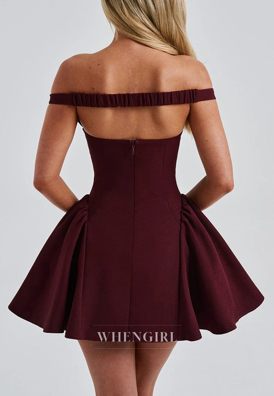 Burgundy Off Shoulder V Neck Sleeveless A-Line Homecoming Dress