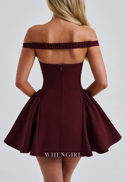 Burgundy Off Shoulder V Neck Sleeveless A-Line Homecoming Dress