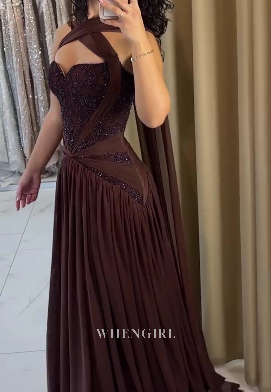 Chocolate Cross Neck Sleeveless Beaded Pleated Column Evening Formal Dress