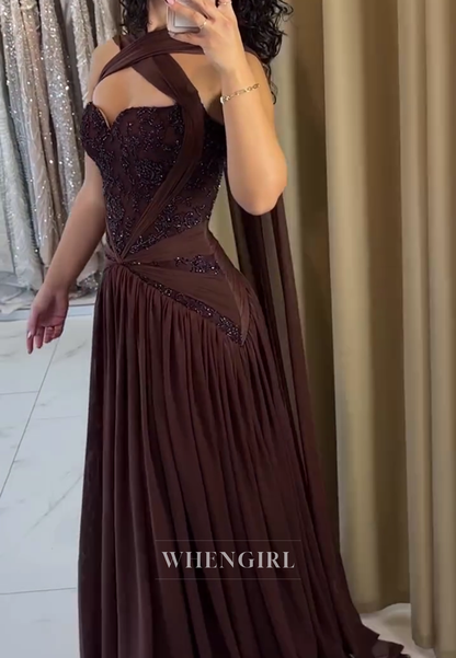 Chocolate Cross Neck Sleeveless Beaded Pleated Column Evening Formal Dress