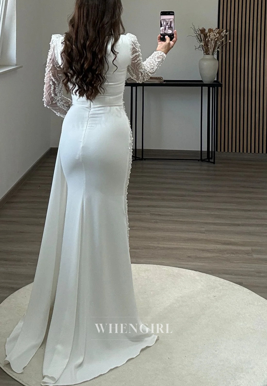 Sheath Asymmetrical Neck Long Sleeves Beaded Side Train Long Formal Evening Gown