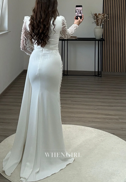 Sheath Asymmetrical Neck Long Sleeves Beaded Side Train Long Formal Evening Gown