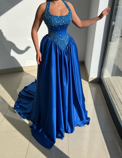 Blue Halter Beaded Sleeveless Gorgeous Pleated Prom Dress