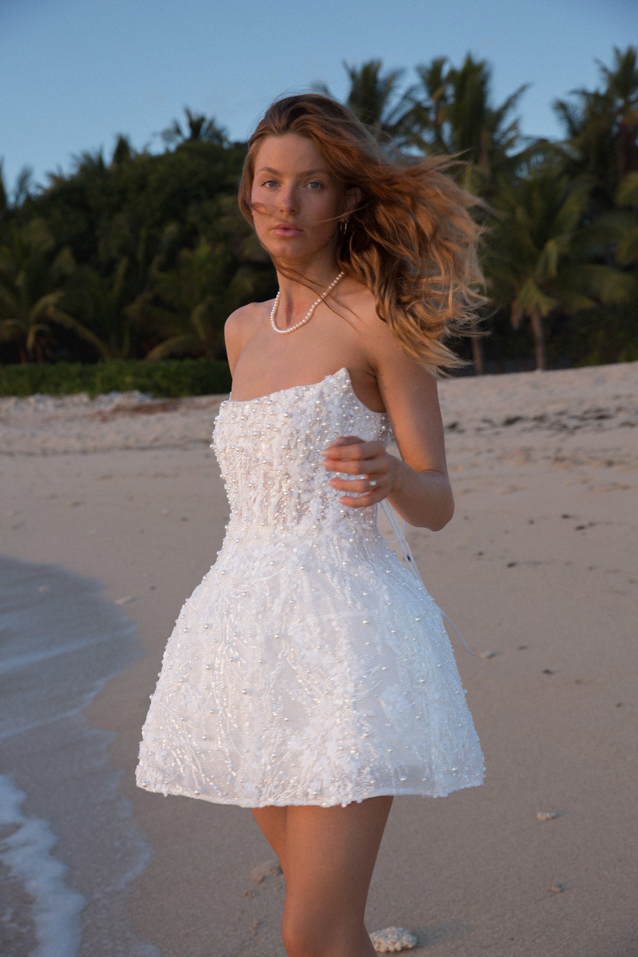 Ball Gown Strapless Beaded Short Wedding Dress wirh Long Sleeves