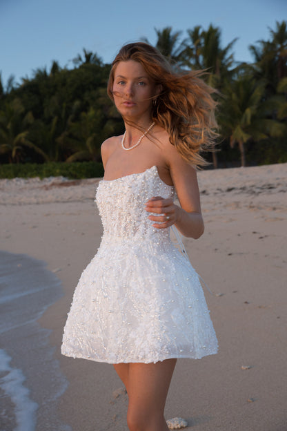 Ball Gown Strapless Beaded Short Wedding Dress wirh Long Sleeves