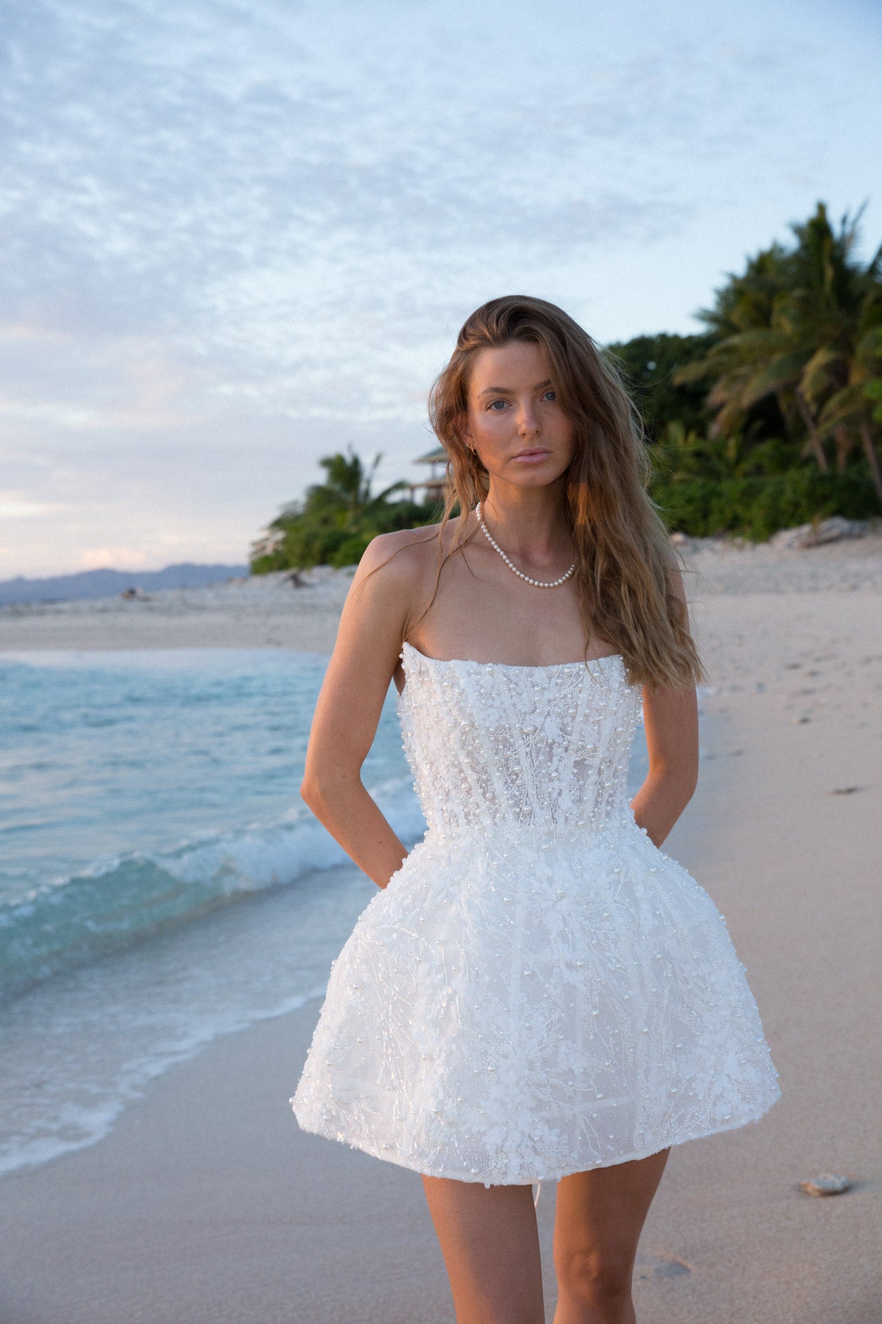 Ball Gown Strapless Beaded Short Wedding Dress wirh Long Sleeves