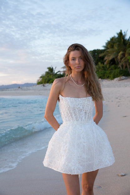 Ball Gown Strapless Beaded Short Wedding Dress wirh Long Sleeves