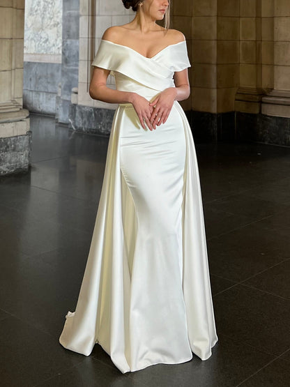 Mermaid Off Shoulder Simple Wedding Dress with Detachable Train