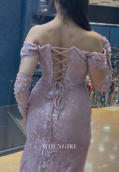 Column Off Shoulder Long Sleeves Beaded Lace Formal Evening Gown with Side Slit
