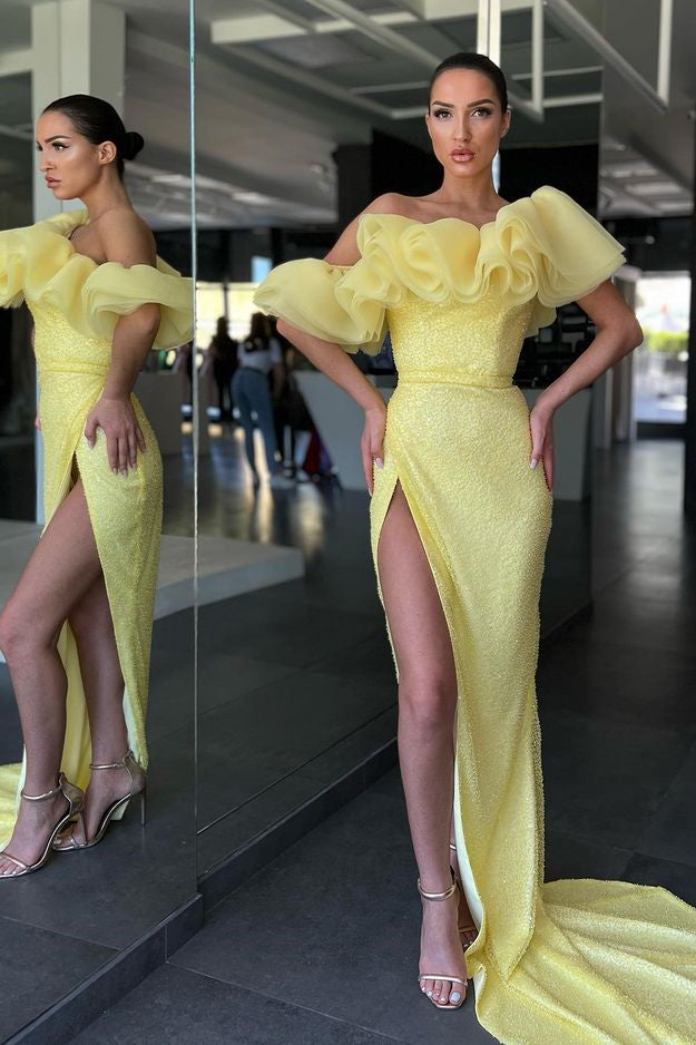 Daffodil Mermaid Off the Shoulder Long Evening Dress Split With Sequins