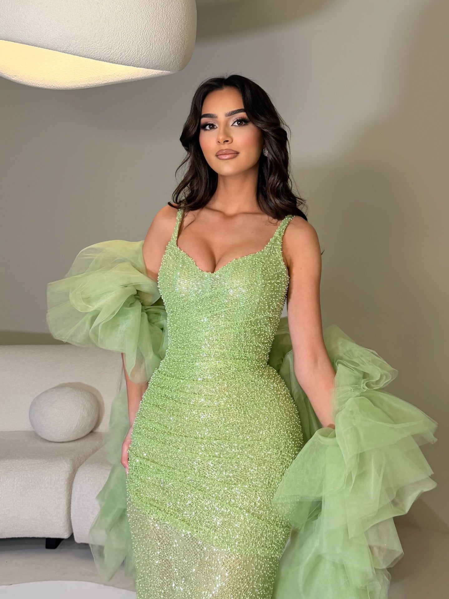 Sage Straps Prom Dress Sleeveless Sheath Beaded with Split