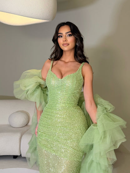 Sage Straps Prom Dress Sleeveless Sheath Beaded with Split
