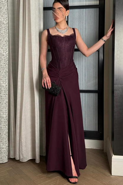 Elegant Burgundy Corset Ruched Lace Slit Evening Dress