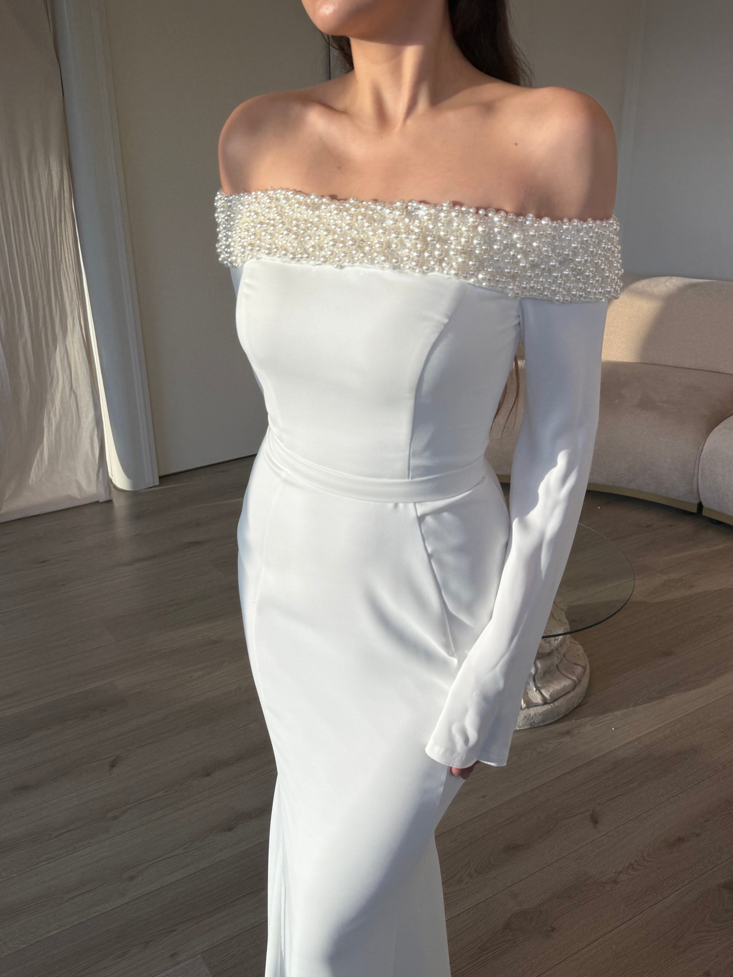 Sheath Beaded Off Shoulder Long Sleeves Floor Length Wedding Dress