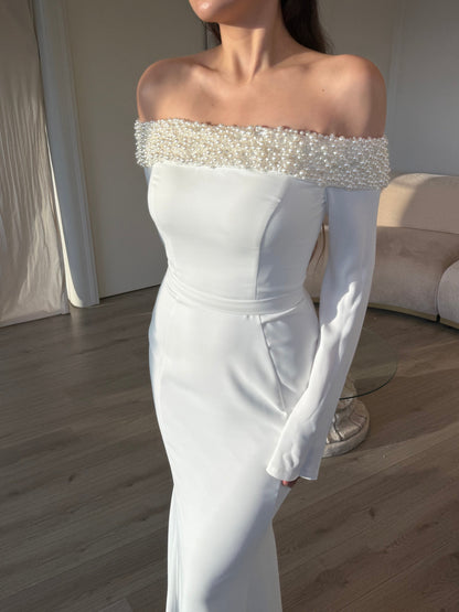 Sheath Beaded Off Shoulder Long Sleeves Floor Length Wedding Dress