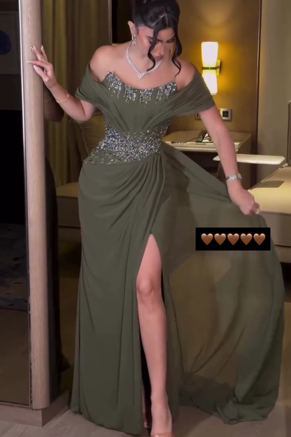 Green Off Shoulder Beaded Ruched Sheath Formal Evening Gown