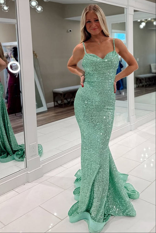 Cute Mermaid Sweetheart Mint Green Sequins Long Prom Dress