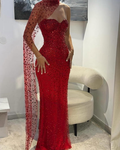 Beaded Straight Across Mermaid Red Glamorous Prom Dress With Scarf