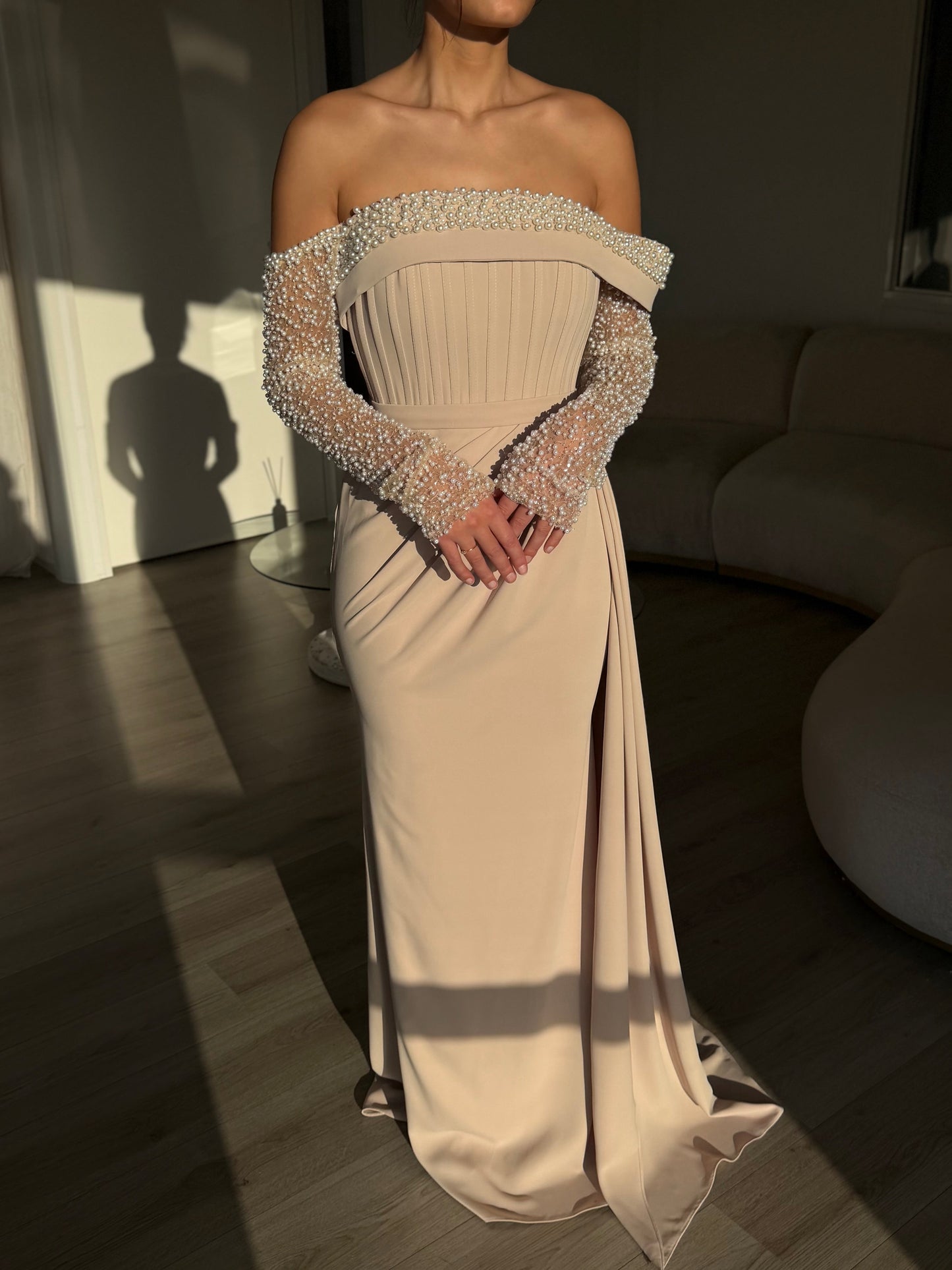 Beige Off Shoulder Long Beaded Sleeves Ruched Sheath Evening Formal Dress