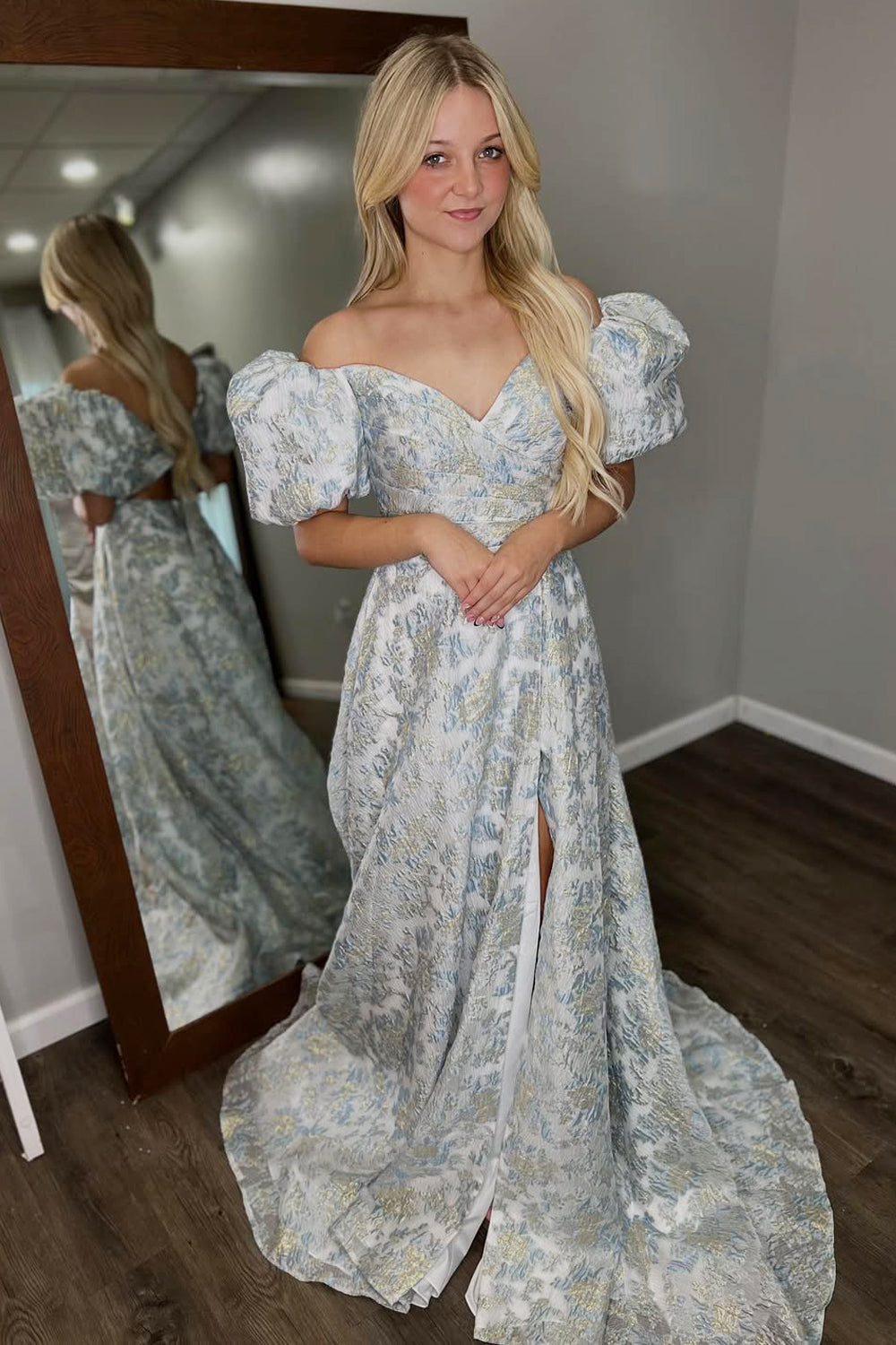 Gorgeous A Line Off the Shoulder Jacquard Satin Long Prom Dress with Slit
