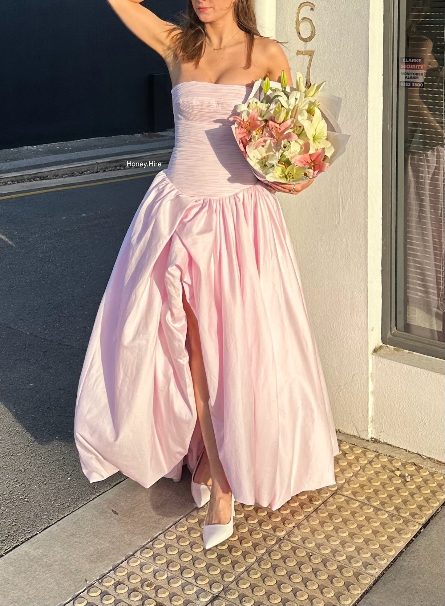 Pink Tube Top Slit Ruched Sleeveless Prom Dress