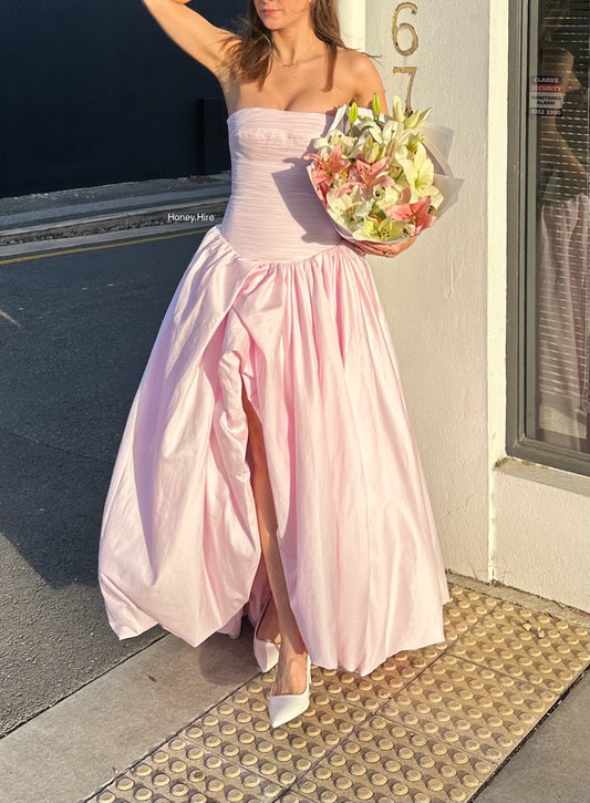 Pink Tube Top Slit Ruched Sleeveless Prom Dress