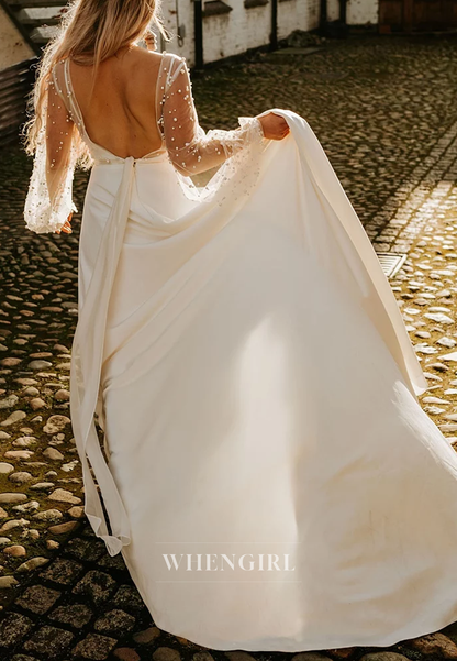 A-Line Illusion Neck Long Beaded Sleeves Pearls Sweep Train Beach Wedding Dress