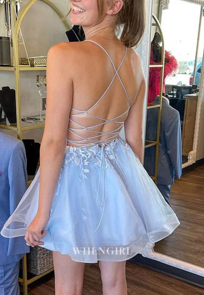 Light Blue Sleeveless Spaghetti Straps Appliqued Lace Tulle Short A-Line Homecoming Dress