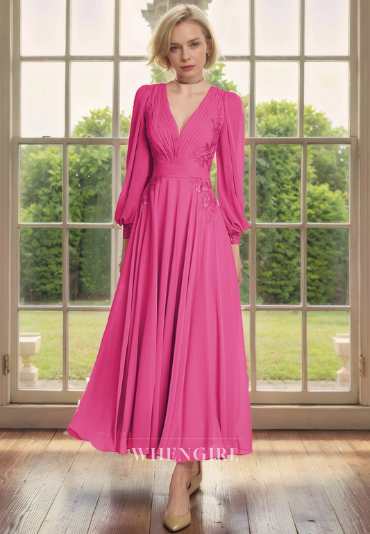 A-Line V Neck Long Sleeves Appliques Tea Length Chiffon Mother of Bride Dress