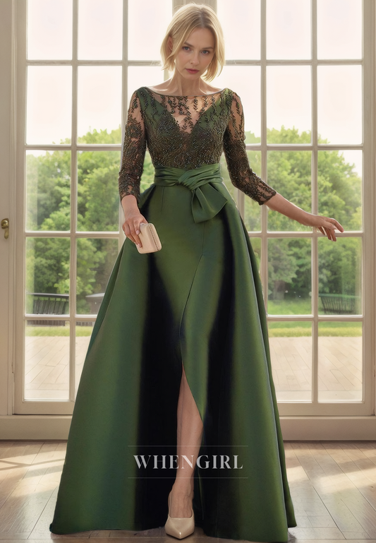 A-Line 34 Length Lace Sleeves Scoop Neck Open Back Moth of Bride Dress with Slit