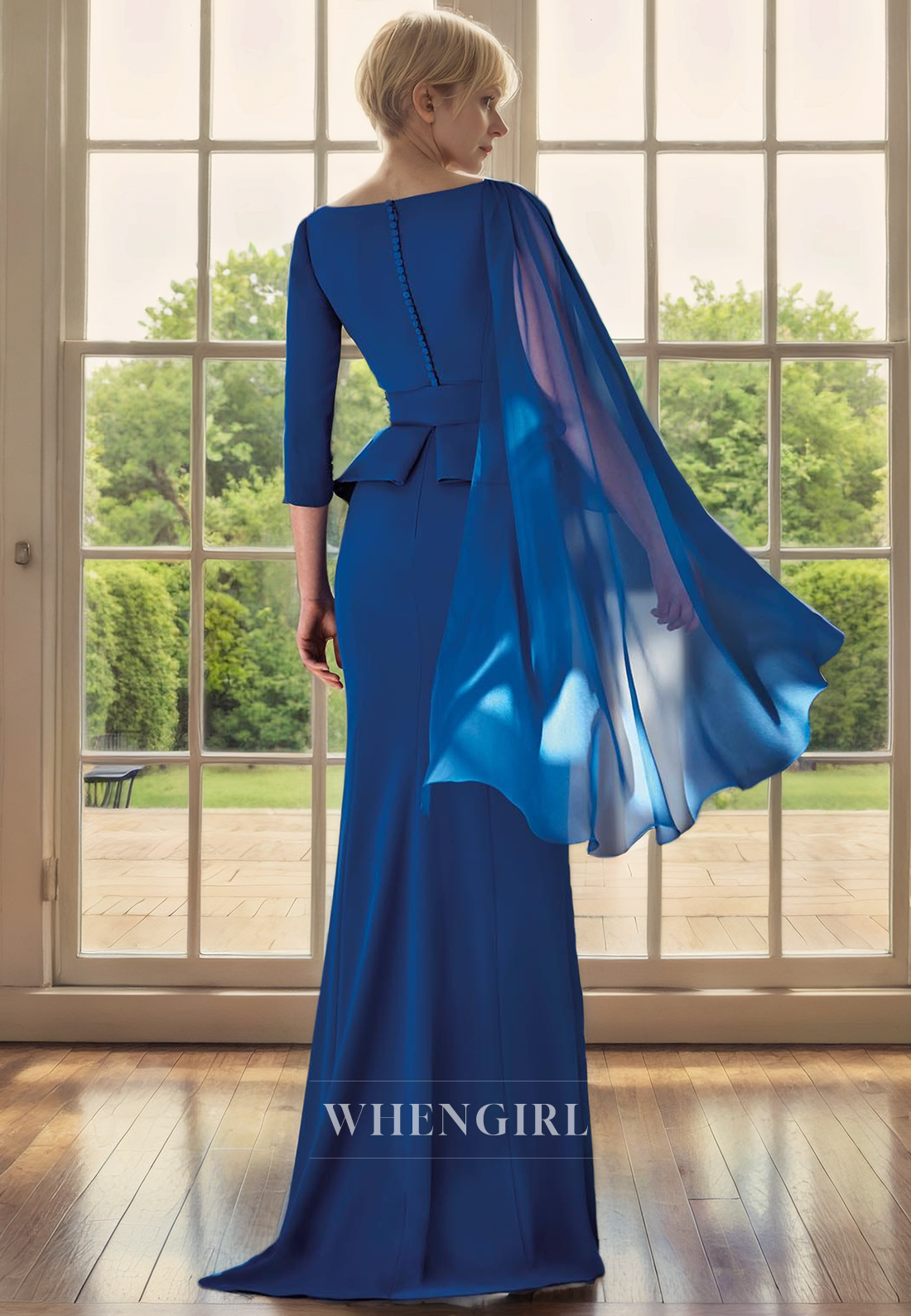 Mermaid V Neck 34 Length Sleeve Pleated Ruffles Back Button Chiffon Mother of Bride Dress with Belt