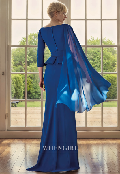 Mermaid V Neck 34 Length Sleeve Pleated Ruffles Back Button Chiffon Mother of Bride Dress with Belt