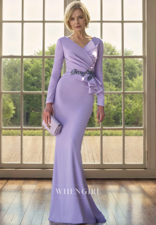 Mermaid V Neck Long Sleeves Pleated Beaded Back Zipper Mother of Bride Dress with Train