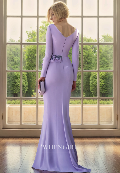 Mermaid V Neck Long Sleeves Pleated Beaded Back Zipper Mother of Bride Dress with Train