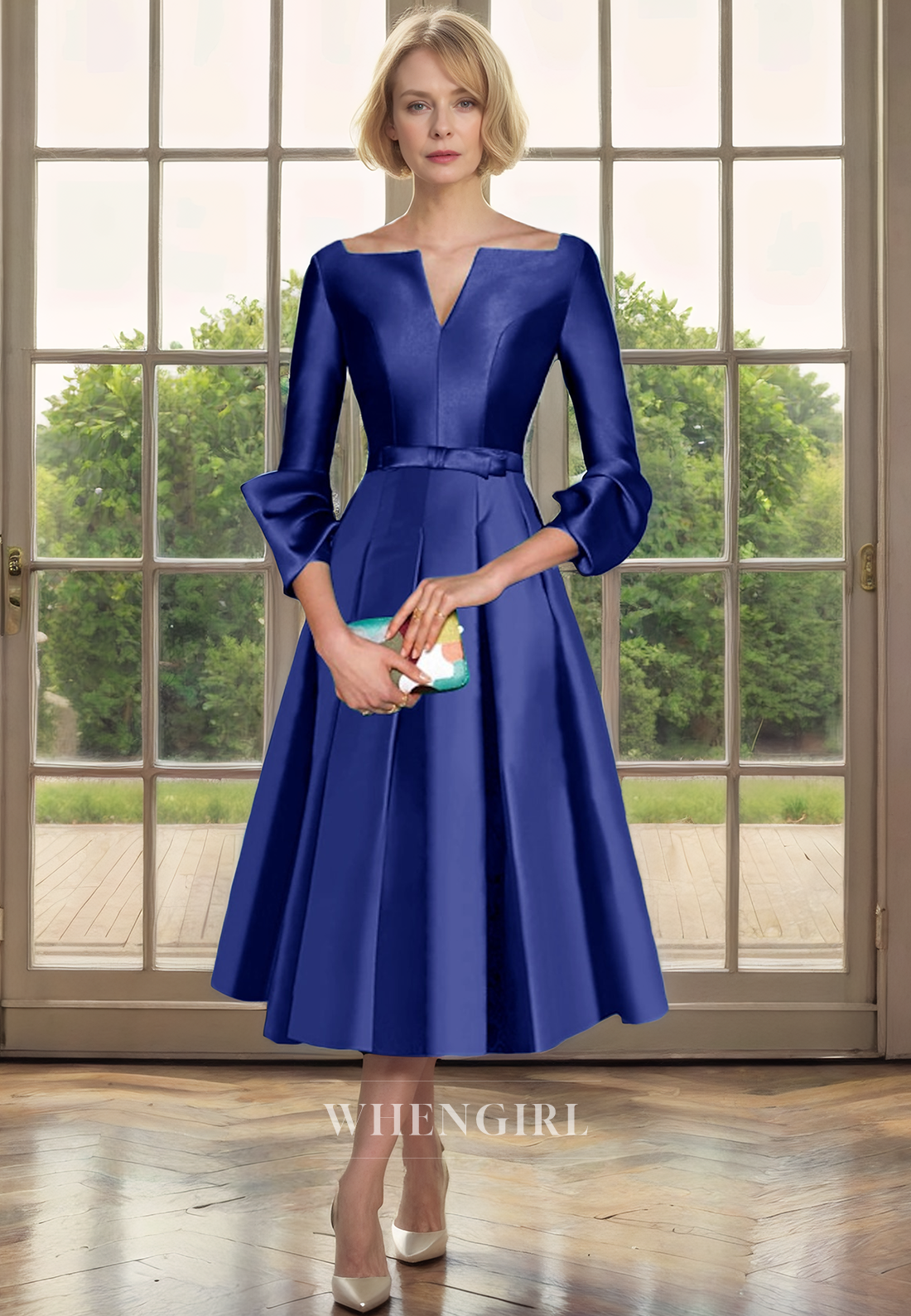 A-Line Scoop Neck 34 Length Sleeves Tea Length Satin Mother of Bride Dress