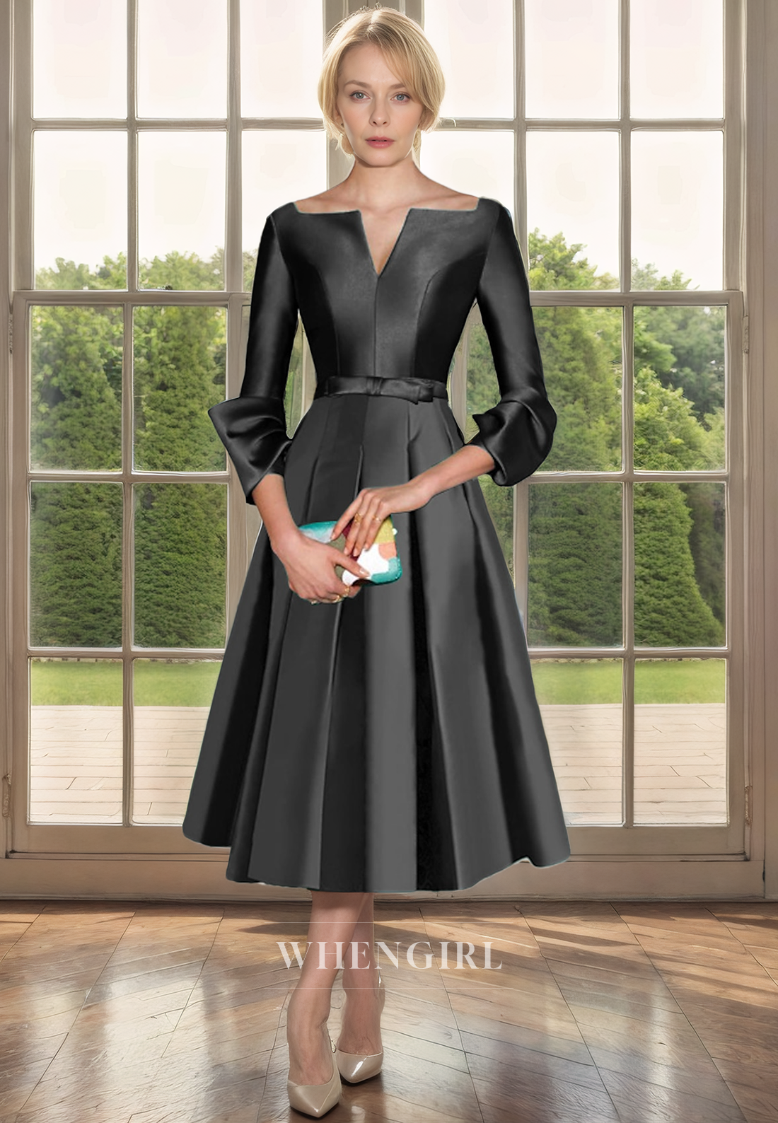 A-Line Scoop Neck 34 Length Sleeves Tea Length Satin Mother of Bride Dress