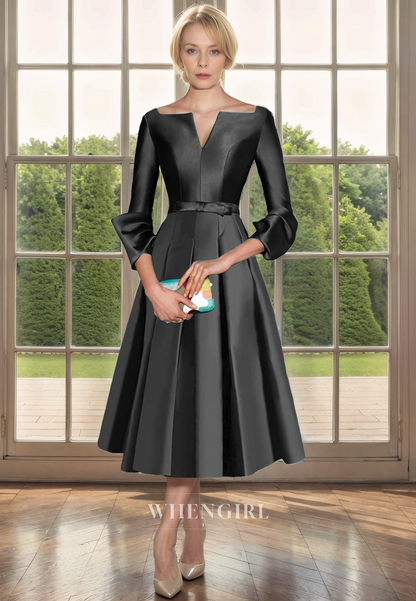 A-Line Scoop Neck 34 Length Sleeves Tea Length Satin Mother of Bride Dress