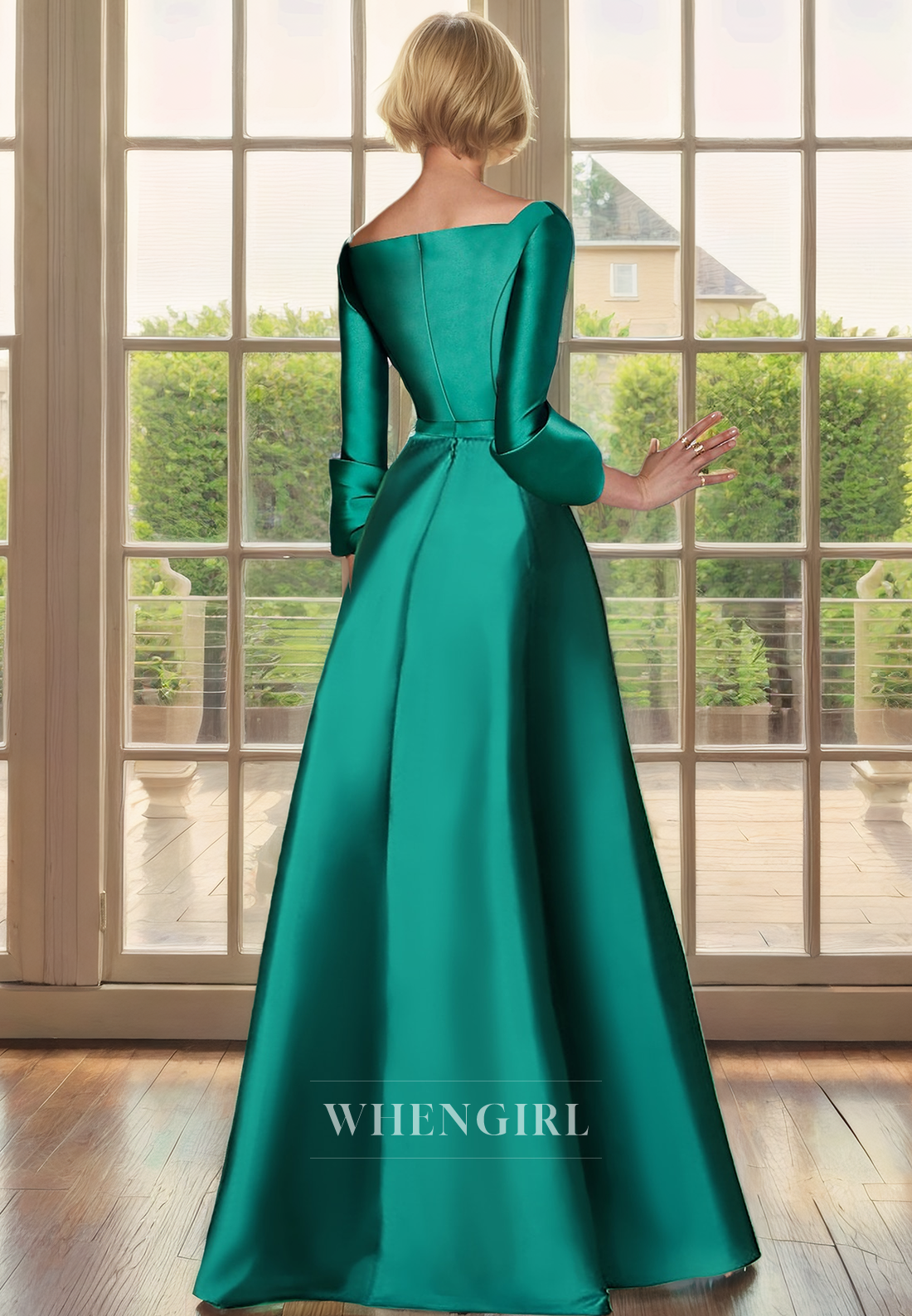 A-Line Scoop Neck 34 Length Sleeves Back Zipper Satin Mother of Bride Dress with Slit