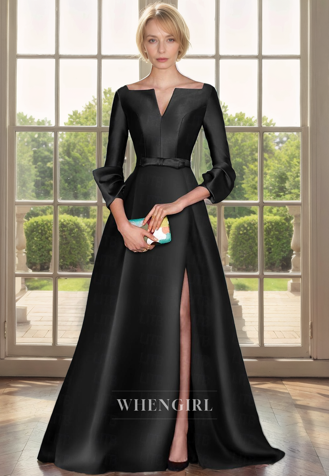 A-Line Scoop Neck 34 Length Sleeves Back Zipper Satin Mother of Bride Dress with Slit