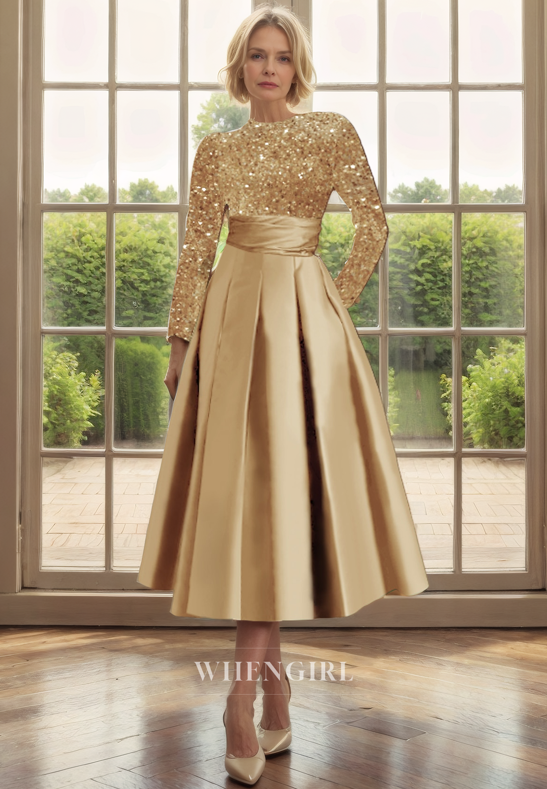 A-Line High Neck Long Sleeves Velvet Sequies Tea Length Mother of Bride Dress