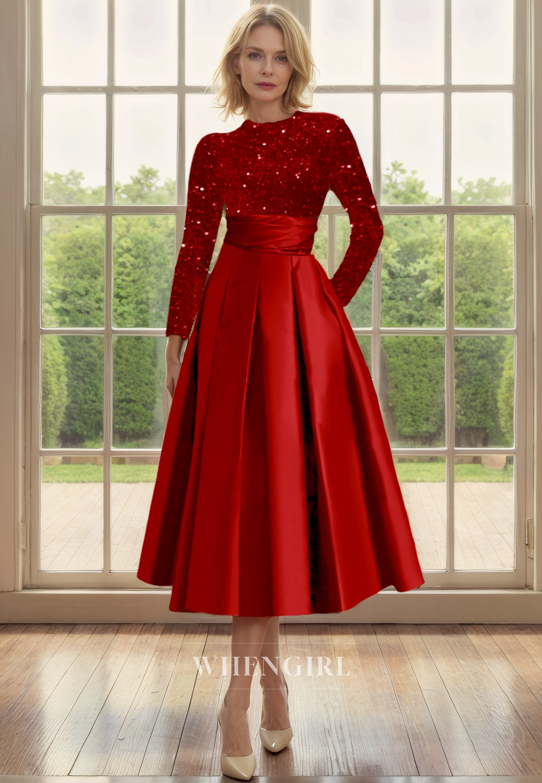 A-Line High Neck Long Sleeves Velvet Sequies Tea Length Mother of Bride Dress