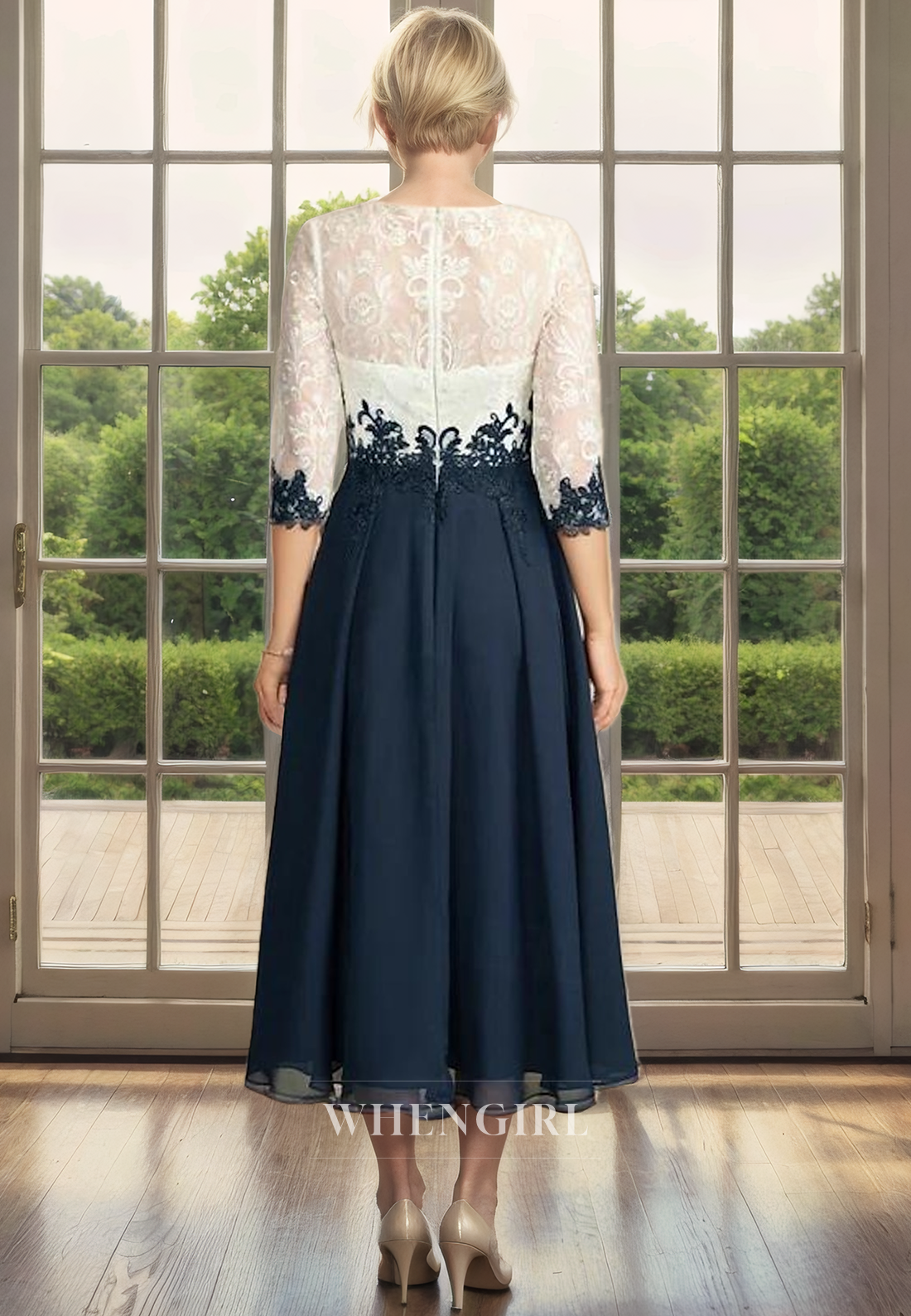 A-Line Scoo Neck Half Sleeves Lace Appliques Tea Length Back Zipper Mother of Bride Dress