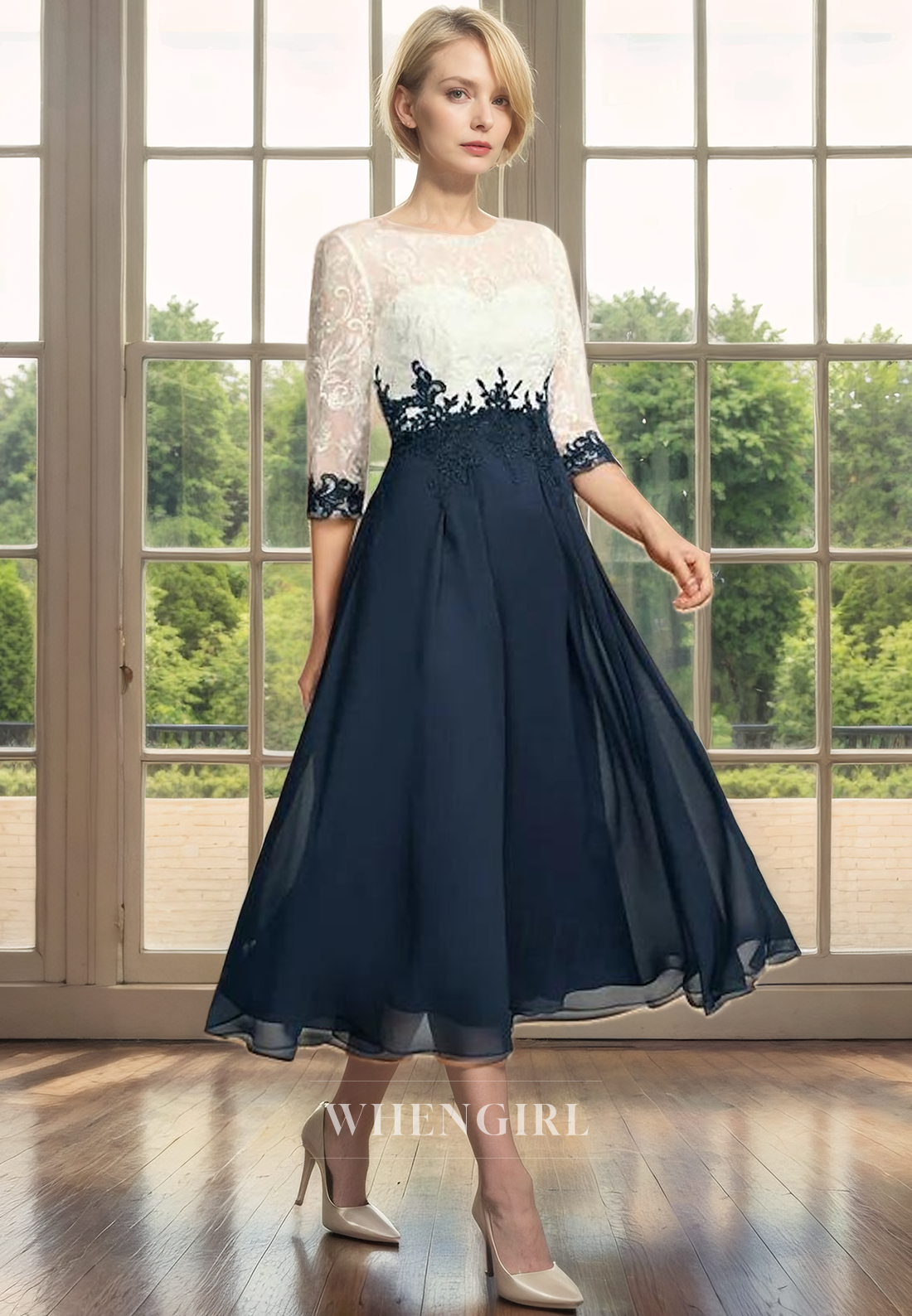 A-Line Scoo Neck Half Sleeves Lace Appliques Tea Length Back Zipper Mother of Bride Dress