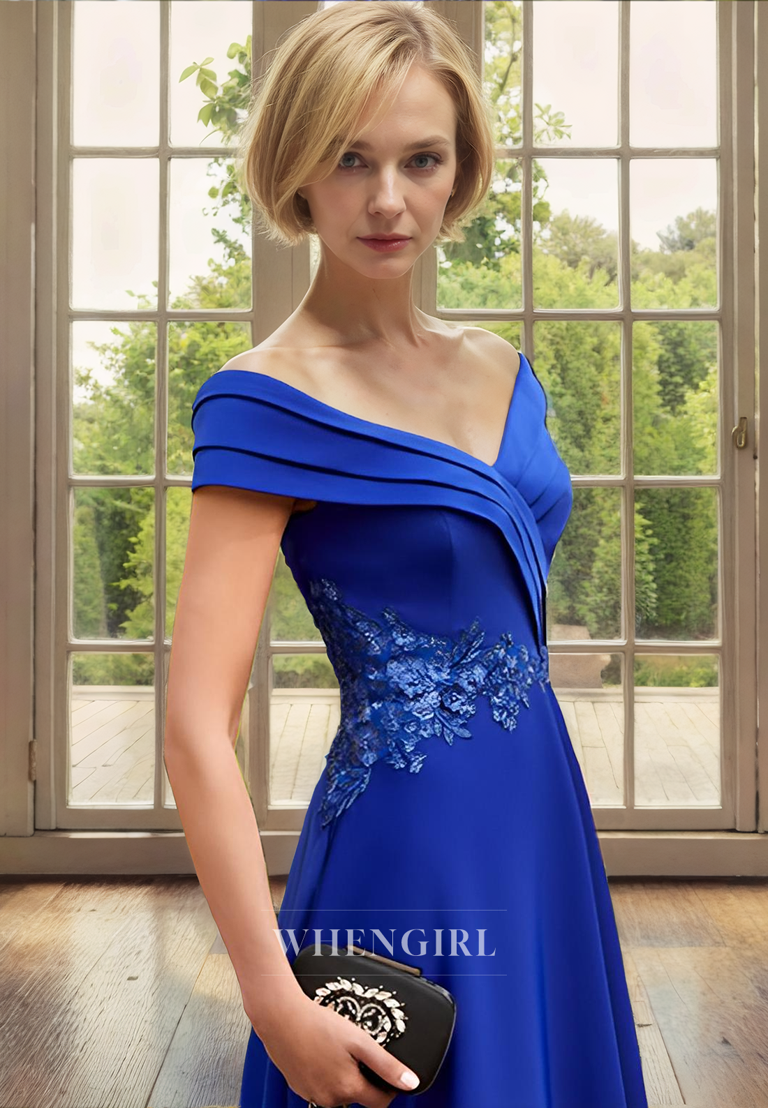 A-Line Off Shoulder Sleeveless Pleated Appliques Tea Length Mother of Bride Dress